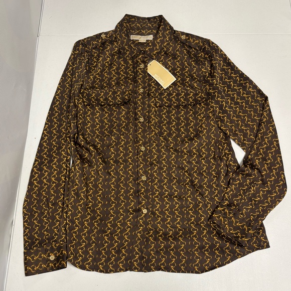 Michael Kors Brown Shirt with Gold Chain Pattern Sz M New w Tag - Picture 1 of 7